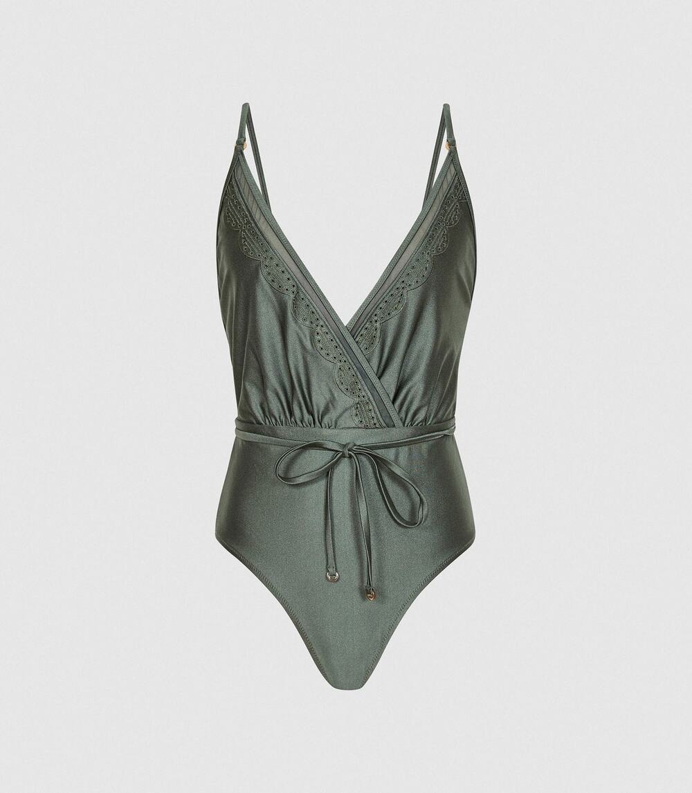 REISS Lara Cutwork Trim One Piece Swimsuit Size 2 NWOT in Sage Green